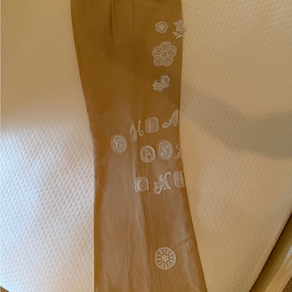 Tan Embroidered Appliqué Linen Pants